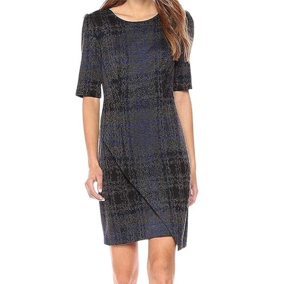 Betsey Johnson Half Sleeve Gray Plaid Sheath Wrap Hem Dress Size 6 Academia - Picture 1 of 7